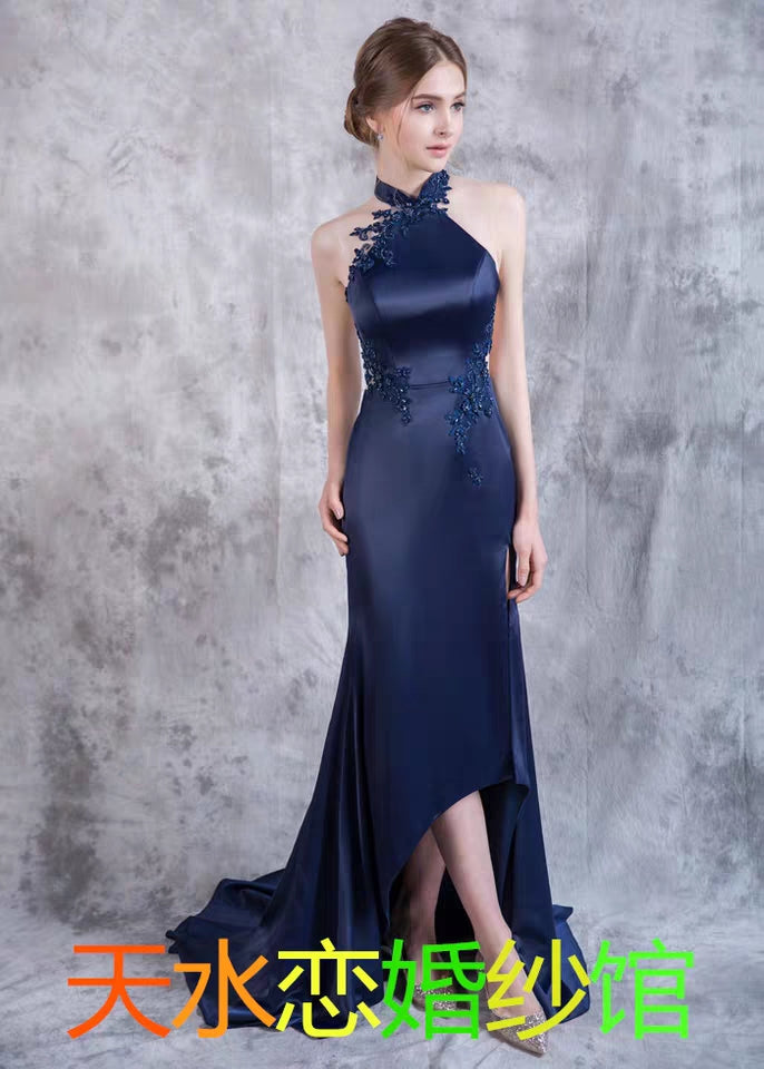 Chinese stand-up collar bag hip fishtail was thin satin dress bride wedding toast clothing small man split fork party catwalk