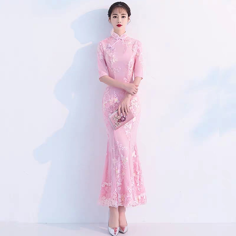 Improved version of cheongsam 2019 new autumn girl long section fresh and elegant fishtail Austrian dress female small fragrance