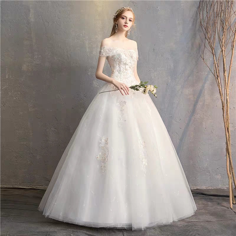 New bride main wedding dress wedding Qi word shoulder simple long tail small son Sen was thin