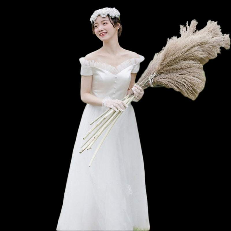 French satin wedding light wedding dress word shoulder sen line brigade shoot wedding dress light yarn simple out of the yarn show thin super fairy