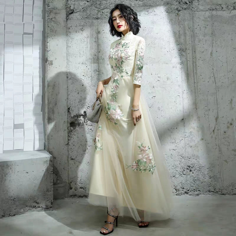 Chinese toast clothing bride cheongsam 2019 new autumn and winter long wedding dress skirt thank you feast in the sleeves thin female