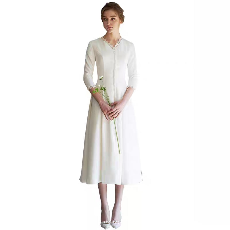 Korean light wedding dress new bride simple birthday banquet dress long sleeve satin Mori out of yarn travel