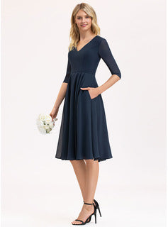 Short Bridesmaid Dresses A-Line V-neck Knee-Length Chiffon Bridesmaid Dress With Pockets