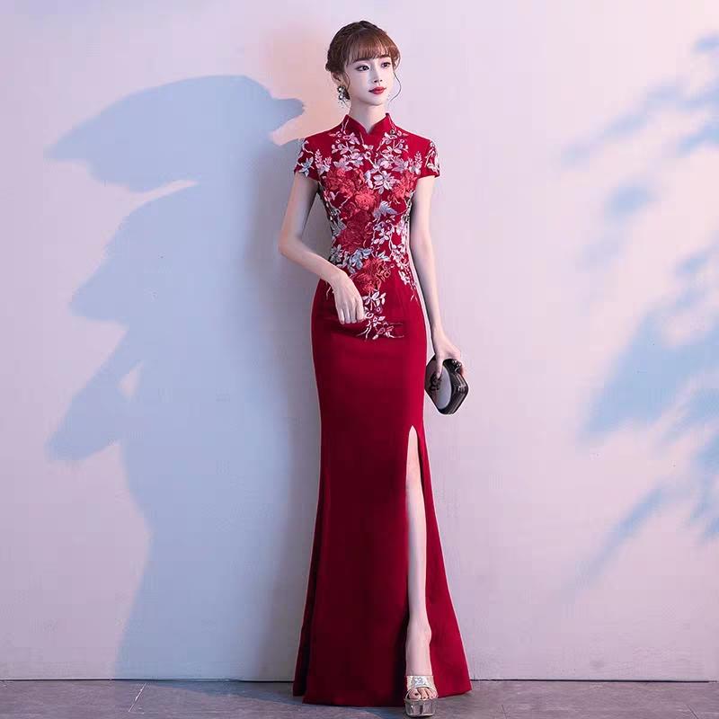 Banquet evening dress female 2019 new noble host fishtail slim high-end Chinese temperament cheongsam dress
