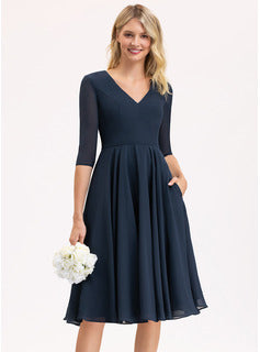 Short Bridesmaid Dresses A-Line V-neck Knee-Length Chiffon Bridesmaid Dress With Pockets
