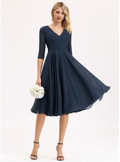 Short Bridesmaid Dresses A-Line V-neck Knee-Length Chiffon Bridesmaid Dress With Pockets