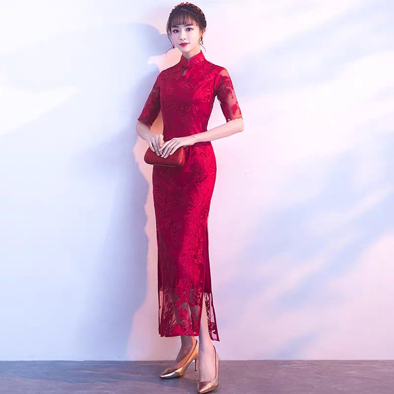Improved version of cheongsam 2019 new autumn girl long section fresh and elegant fishtail Austrian dress female small fragrance