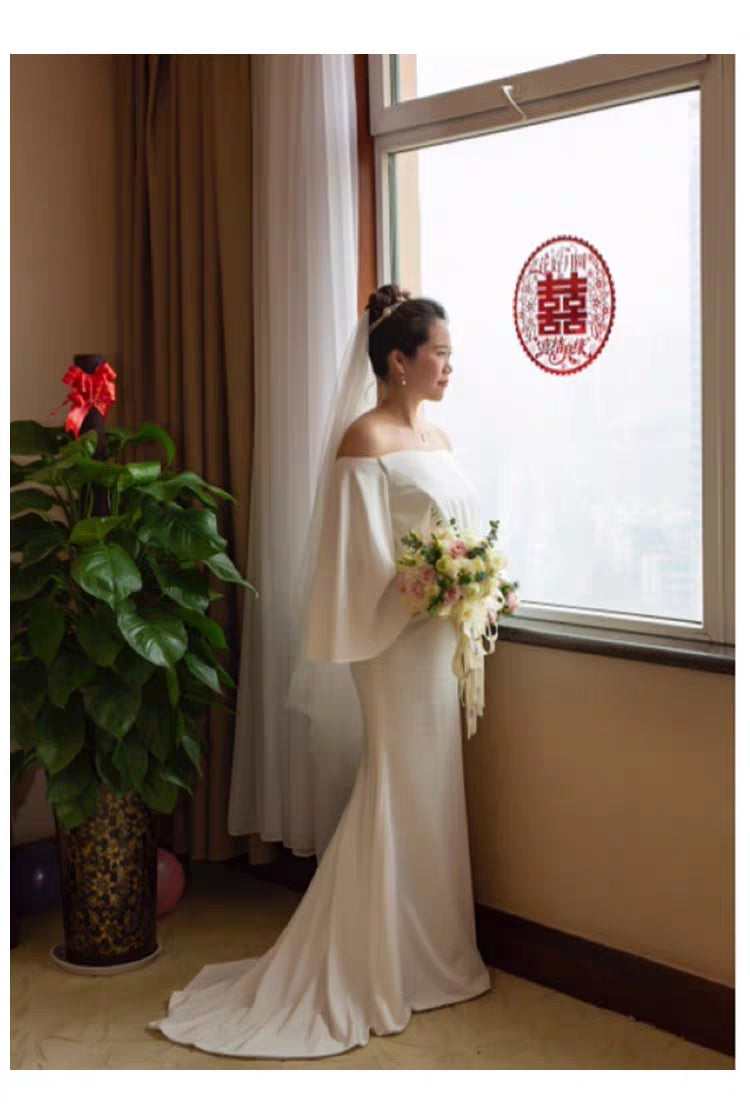 New Wedding Dress Shoulder Trumpet Sleeve Bride Marry Fishtail Slim Dress Simple Sen Department Travel Shoot Gauze