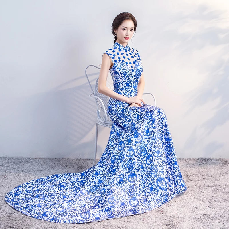 Mermaid Floor-Length Wedding Party Women Dress Chinese Style Elegant Banquet Long Qipao Female Slim Prom Cheongsam Gowns Vestido