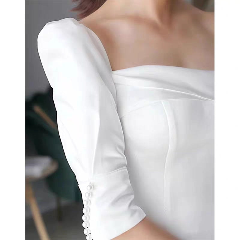 French light wedding dress long-sleeved cover arm new bride welcome yarn heavy-length drag hepburn wind satin