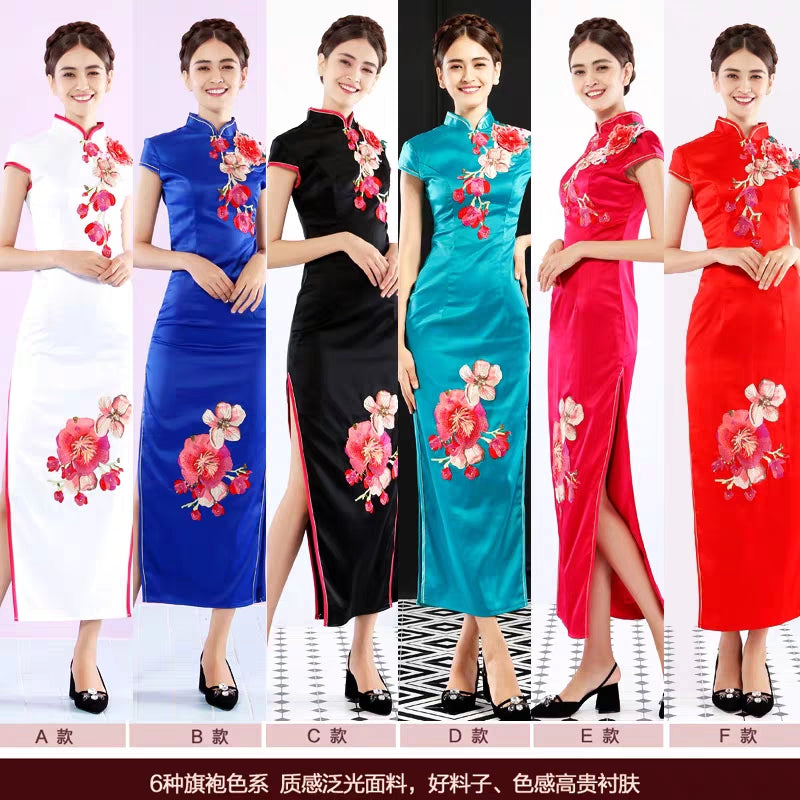 White flowers improved cheongsam long banquet evening dress choir performance costume bridesmaid dress wholesale 10052