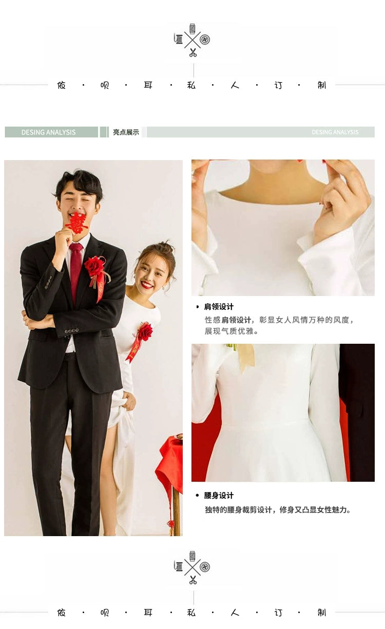 Long-sleeved shaded arms light wedding dress simple lightweight summer bride wedding out dress white satin dress woman