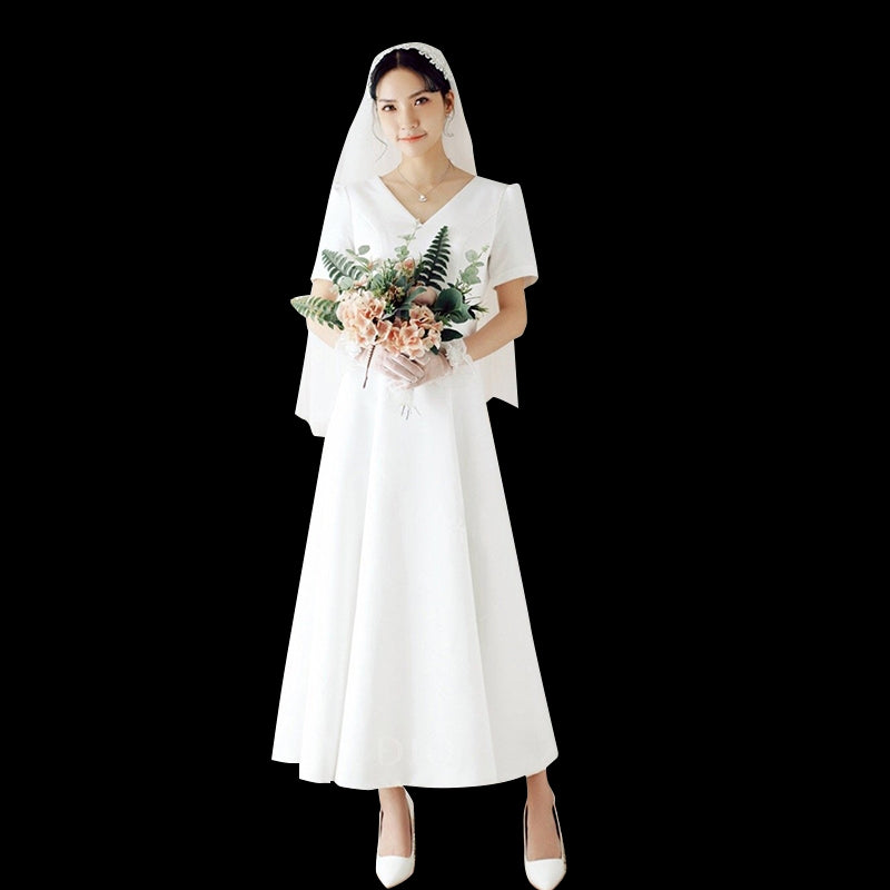 French light wedding dress super fairy simple daily pat siphon white temperament trim long evening dress autumn