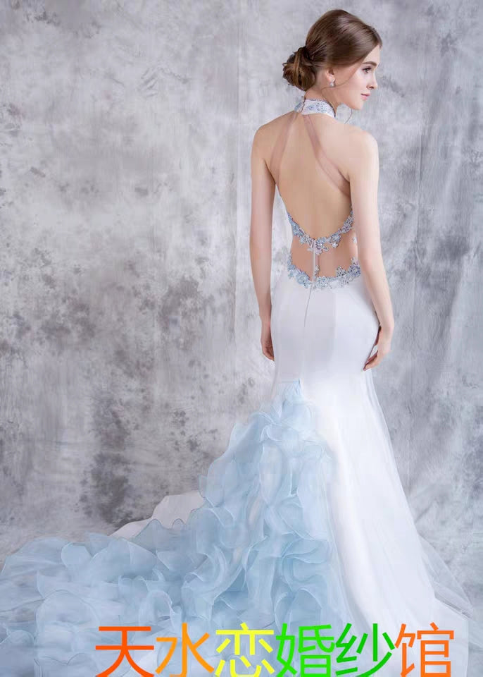 Fishtail package hip slimming was thin satin bride married go up yarn stand collar Chinese wedding lawn ceremony light wedding