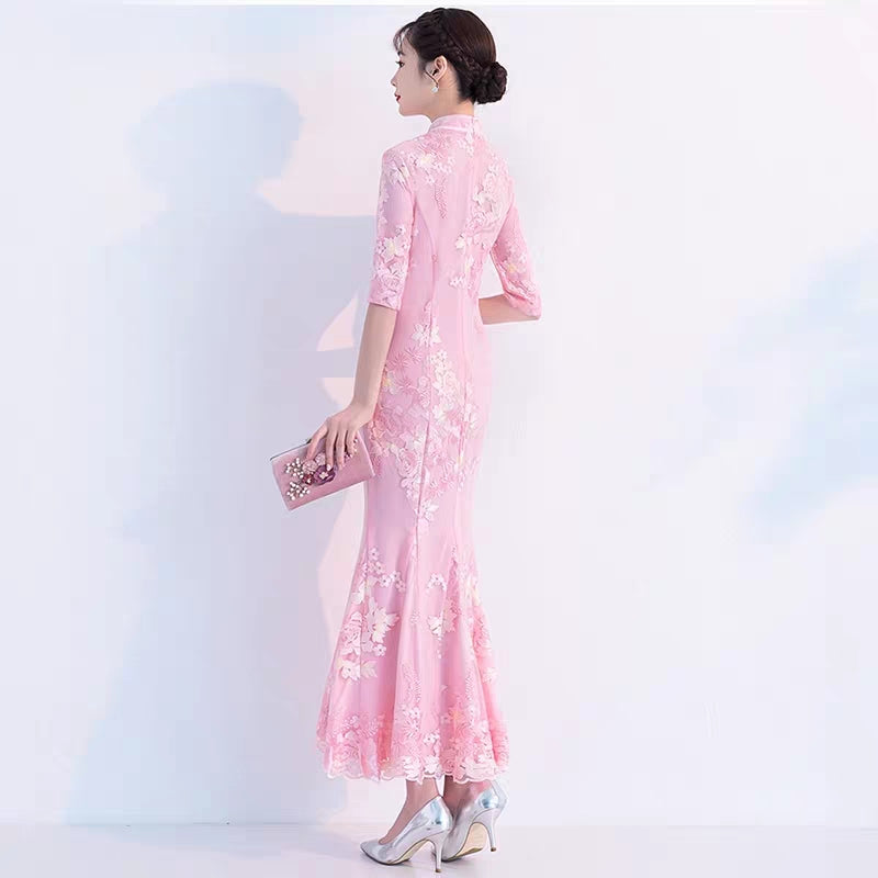 Improved version of cheongsam 2019 new autumn girl long section fresh and elegant fishtail Austrian dress female small fragrance