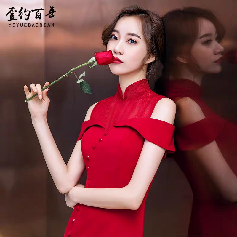 Bride wedding dress toast service 2020 new red Chinese stand-up collar slim fishtail wedding back door evening dress