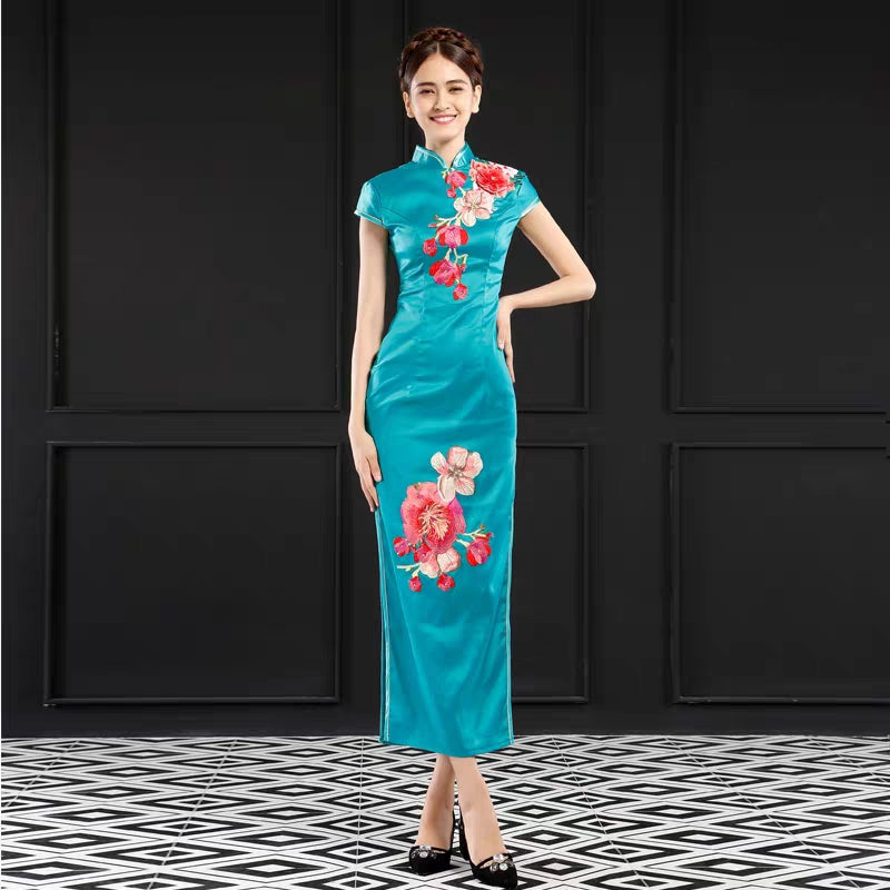 White flowers improved cheongsam long banquet evening dress choir performance costume bridesmaid dress wholesale 10052
