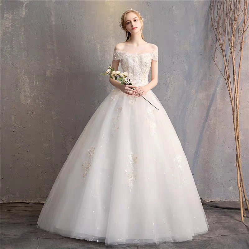 New bride main wedding dress wedding Qi word shoulder simple long tail small son Sen was thin