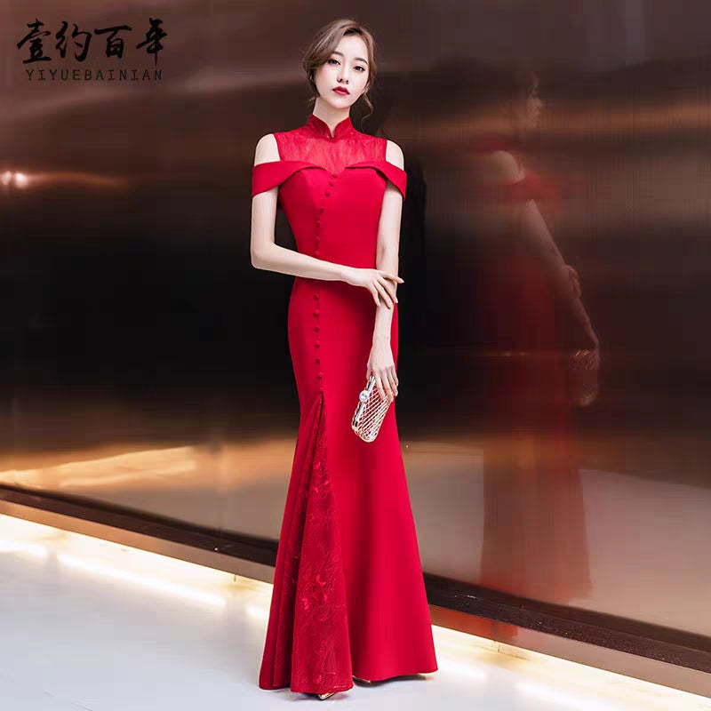 Bride wedding dress toast service 2020 new red Chinese stand-up collar slim fishtail wedding back door evening dress