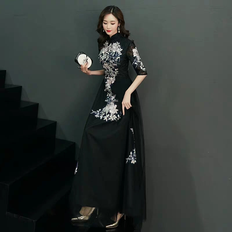 Chinese toast clothing bride cheongsam 2019 new autumn and winter long wedding dress skirt thank you feast in the sleeves thin female