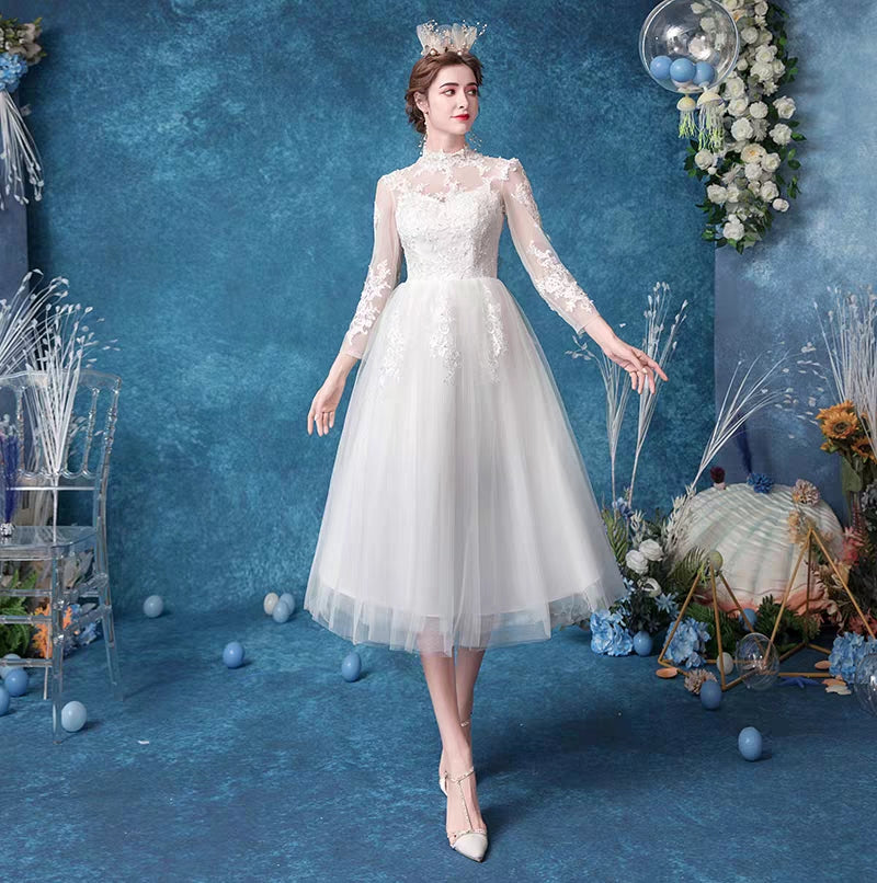 Fashion Lace Collar Long Sleeve Bridesmaid Dress Short Princess Bride Wedding Dress New 313 Spring
