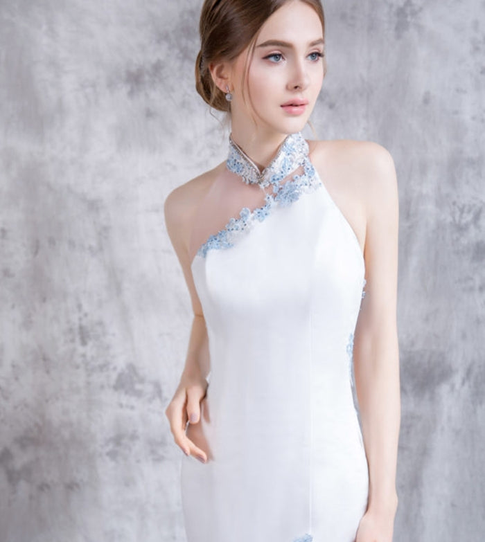 Fishtail package hip slimming was thin satin bride married go up yarn stand collar Chinese wedding lawn ceremony light wedding