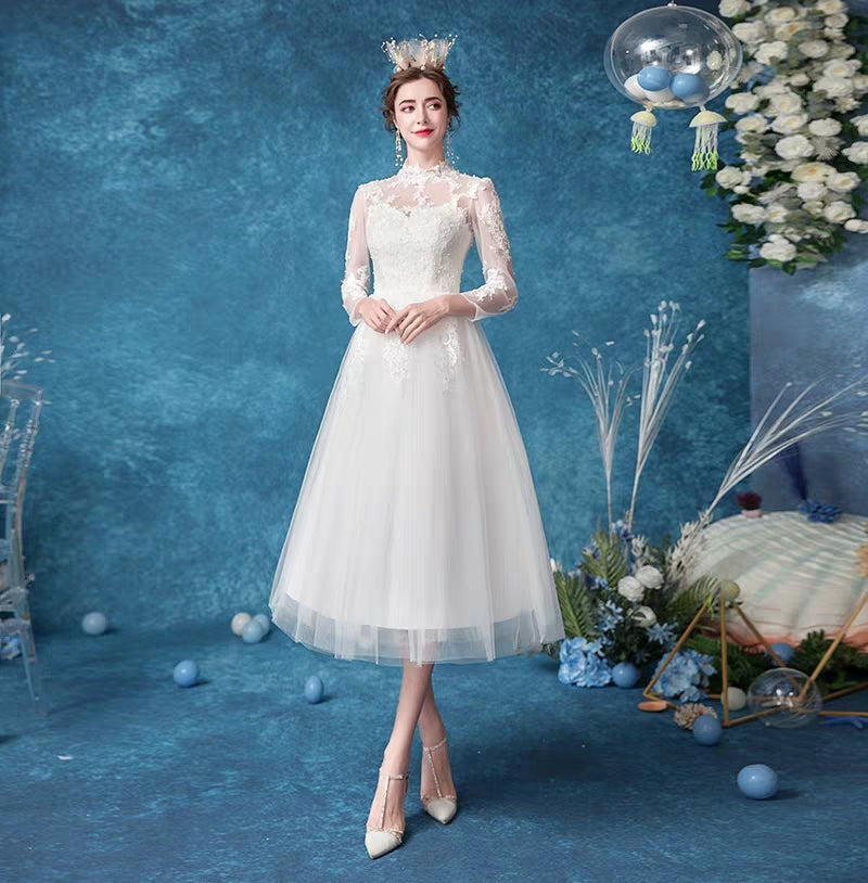 Fashion Lace Collar Long Sleeve Bridesmaid Dress Short Princess Bride Wedding Dress New 313 Spring