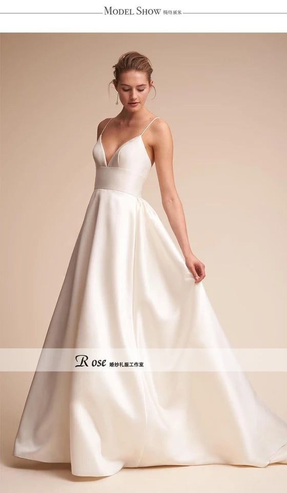 New V-shaped sling satin wedding dress simple trailing bride toast clothing art photo travel light wedding dress