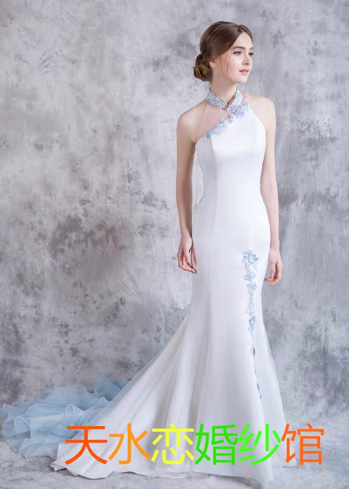 Fishtail package hip slimming was thin satin bride married go up yarn stand collar Chinese wedding lawn ceremony light wedding
