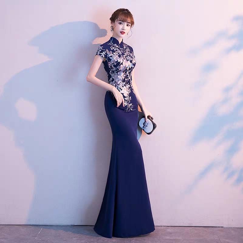 Banquet evening dress female 2019 new noble host fishtail slim high-end Chinese temperament cheongsam dress