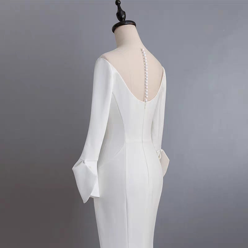 New fishtail thank you feast dress noble ladies wedding dress simple white word shoulder dress