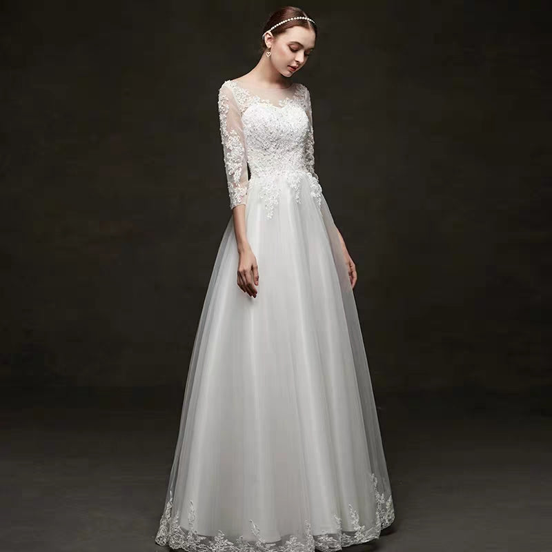 New bride wedding dress covering thick arms simple word shoulder Qidi court style dress temperament lace was thin