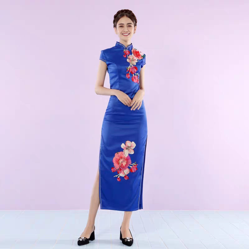 White flowers improved cheongsam long banquet evening dress choir performance costume bridesmaid dress wholesale 10052