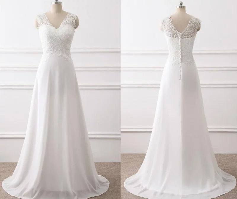 Elegant Cap Sleeve V-Neck Backless Lace Beading Chiffon A-Line Bride Dress Wedding Dress