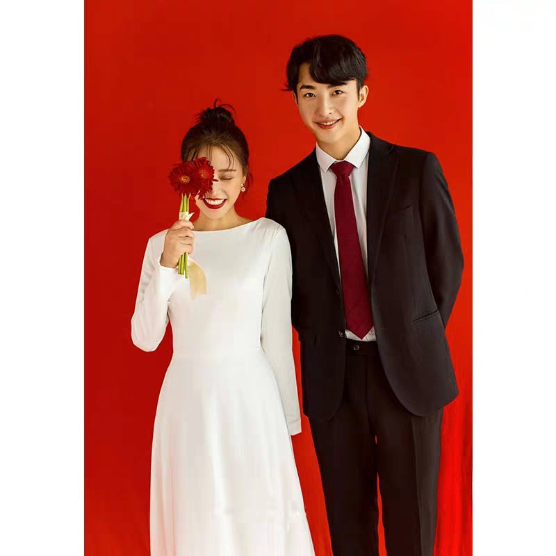 Long-sleeved shaded arms light wedding dress simple lightweight summer bride wedding out dress white satin dress woman