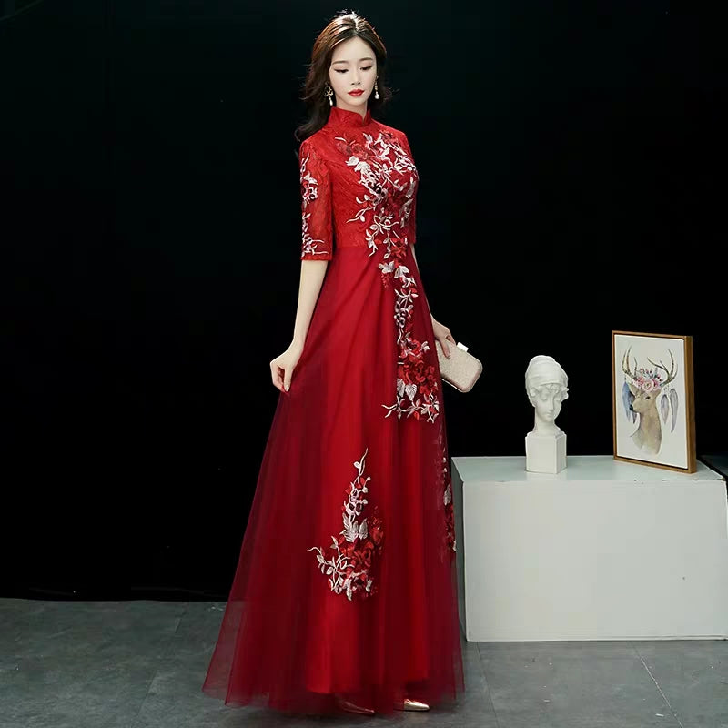 Chinese toast clothing bride cheongsam 2019 new autumn and winter long wedding dress skirt thank you feast in the sleeves thin female