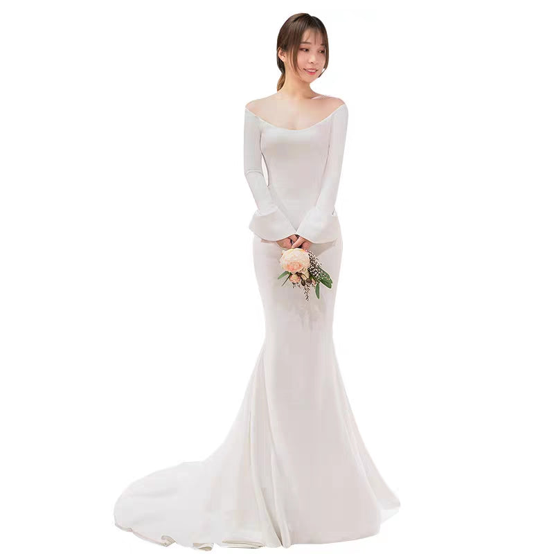 New fishtail thank you feast dress noble ladies wedding dress simple white word shoulder dress