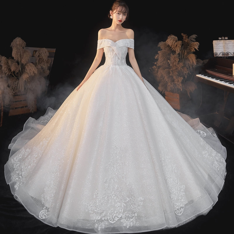 New temperament one-word shoulder wedding bride star tail small man slim retro wedding dress