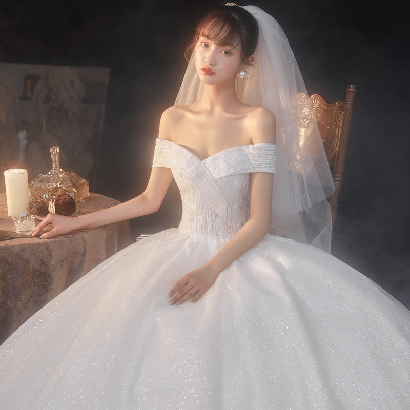 New temperament one-word shoulder wedding bride star tail small man slim retro wedding dress