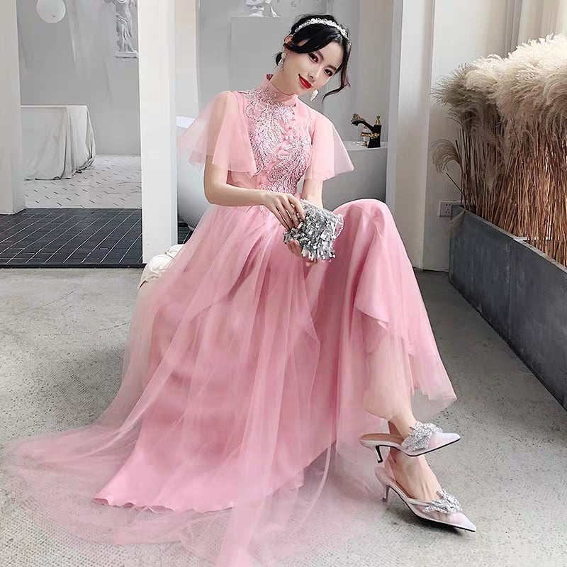 Pink bridesmaid dress 2019 new winter long section annual meeting evening dress skirt sister group wedding dress female was thin