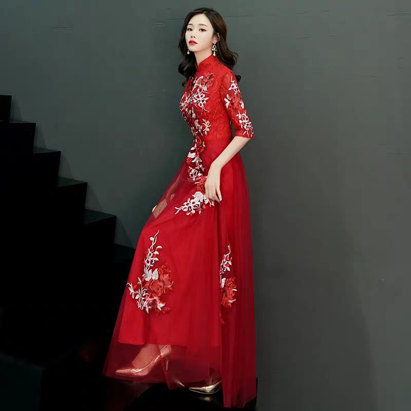 Chinese toast clothing bride cheongsam 2019 new autumn and winter long wedding dress skirt thank you feast in the sleeves thin female