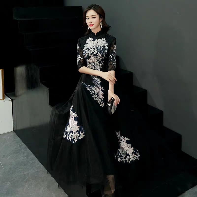 Chinese toast clothing bride cheongsam 2019 new autumn and winter long wedding dress skirt thank you feast in the sleeves thin female