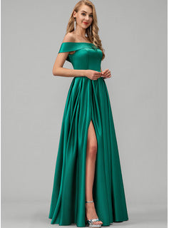 A-Line Off-the-Shoulder Floor-Length Satin Bridesmaid Dress With Split Front Pockets Long Bridesmaid Dresses