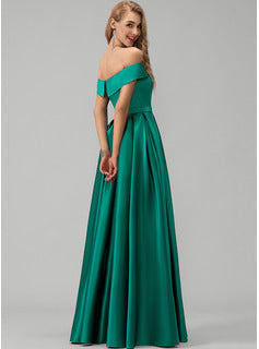 A-Line Off-the-Shoulder Floor-Length Satin Bridesmaid Dress With Split Front Pockets Long Bridesmaid Dresses