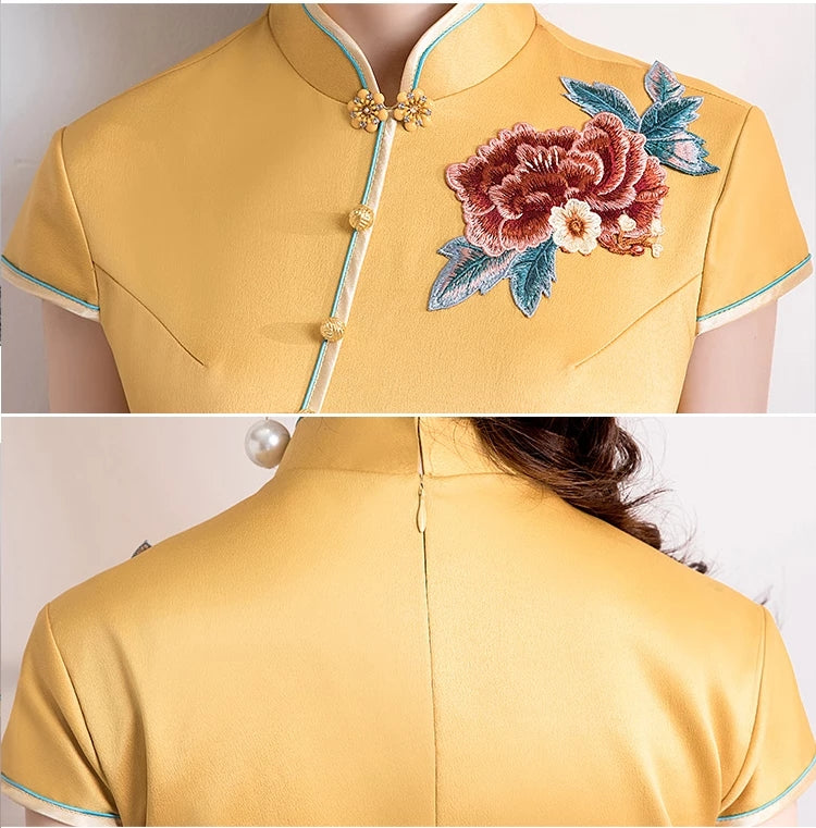 Chinese Style Party Women Floor Length Dress Embroidery Elegant Banquet Long Qipao Female Slim Cheongsam Gowns