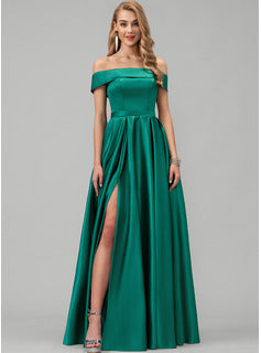A-Line Off-the-Shoulder Floor-Length Satin Bridesmaid Dress With Split Front Pockets Long Bridesmaid Dresses