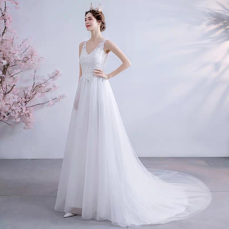 Angel's wedding dress sexy deep V collarback travel shoot landscape seaview bride lace tail light wedding dress 218