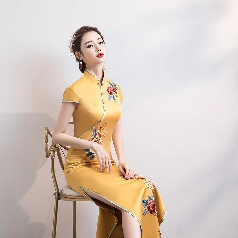 Chinese Style Party Women Floor Length Dress Embroidery Elegant Banquet Long Qipao Female Slim Cheongsam Gowns