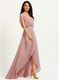 A-Line V-neck Asymmetrical Bridesmaid Dress With Split Front High-Low Bridesmaid Dresses