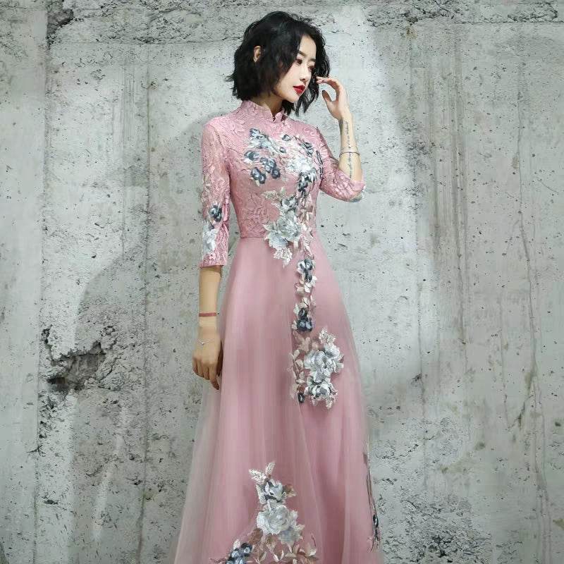 Chinese toast clothing bride cheongsam 2019 new autumn and winter long wedding dress skirt thank you feast in the sleeves thin female